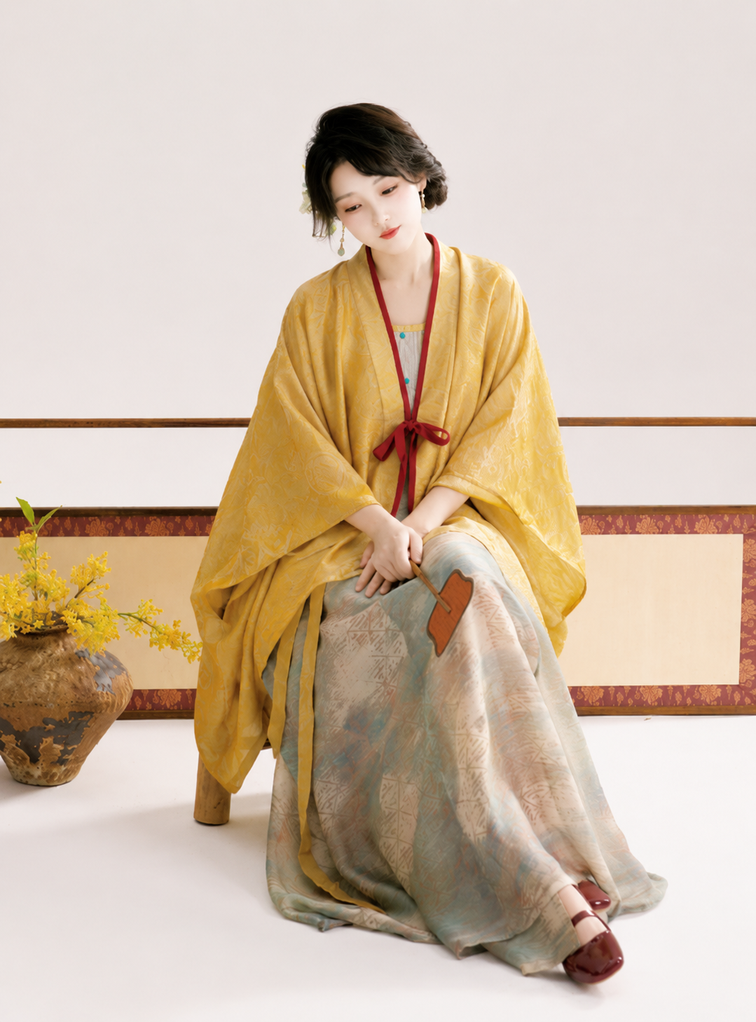 Mustard yellow modern hanfu tang dynasty cardigan wide sleeve sun protection top and printed wide leg pants daily commute summer for women back view