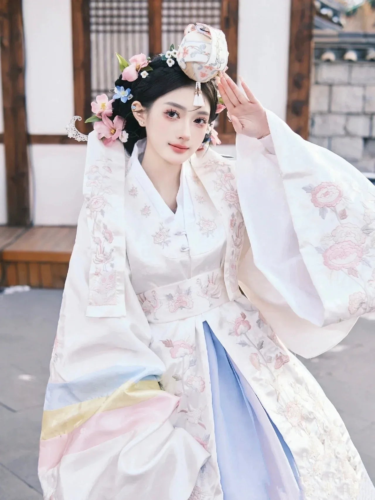 White Korean Wedding Dress - Traditional Embroidered Hanbok Bridal Gown White Dress (robe, ten skirts, ten headbands, ten waist seals) / One size White Korean Wedding Dress - Traditional Embroidered Hanbok Bridal Gown White Dress (robe, ten skirts, ten headbands, ten waist seals) / One size