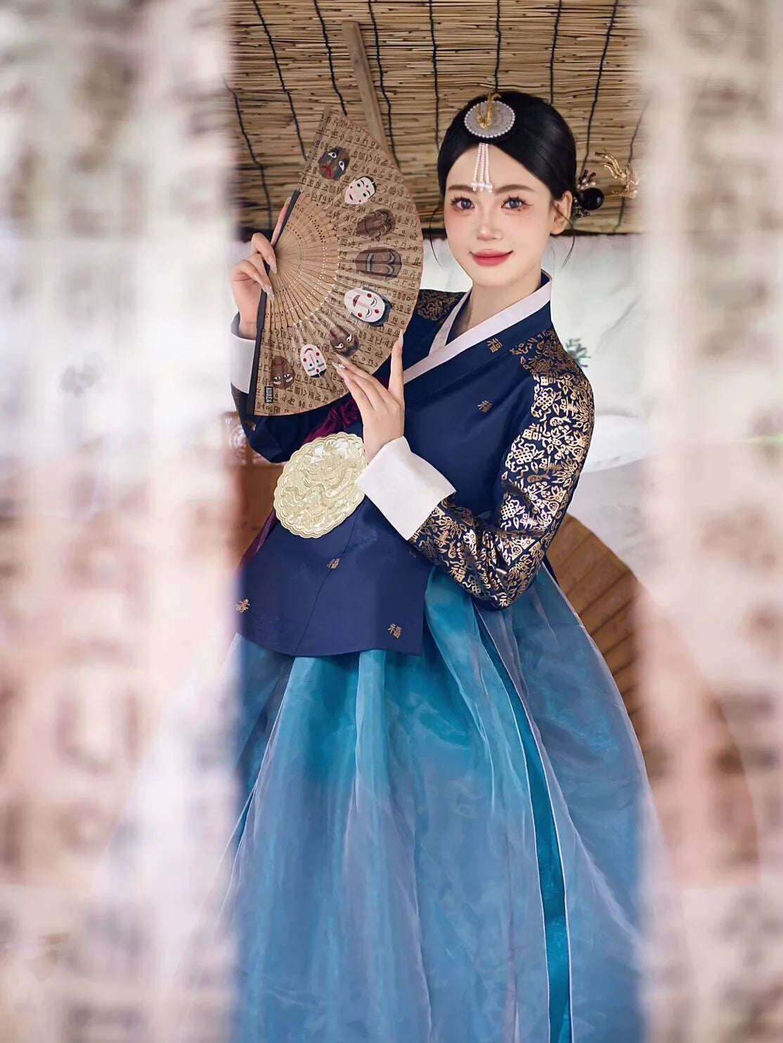 Navy blue bronzing korean court hanbok women traditional palace dress for formal events side view

