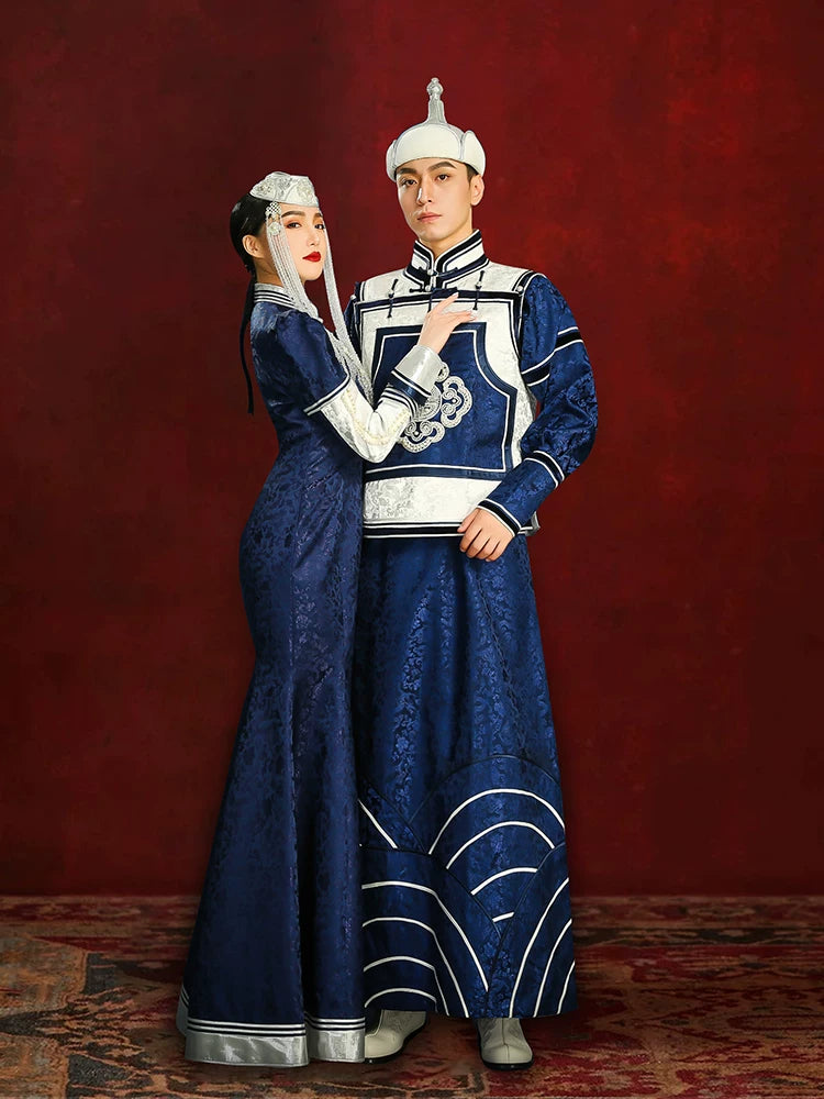 Navy blue ethnic mongolian wedding couple robe bride toast dress with flowing fishtail skirt for ceremony back view
