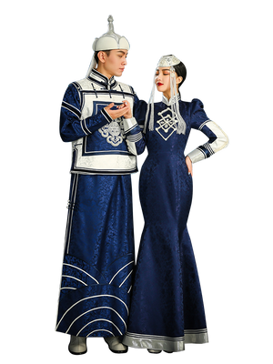  Navy blue mongolian style bride toast dress couple matching robe with fishtail skirt for wedding reception fabric detail