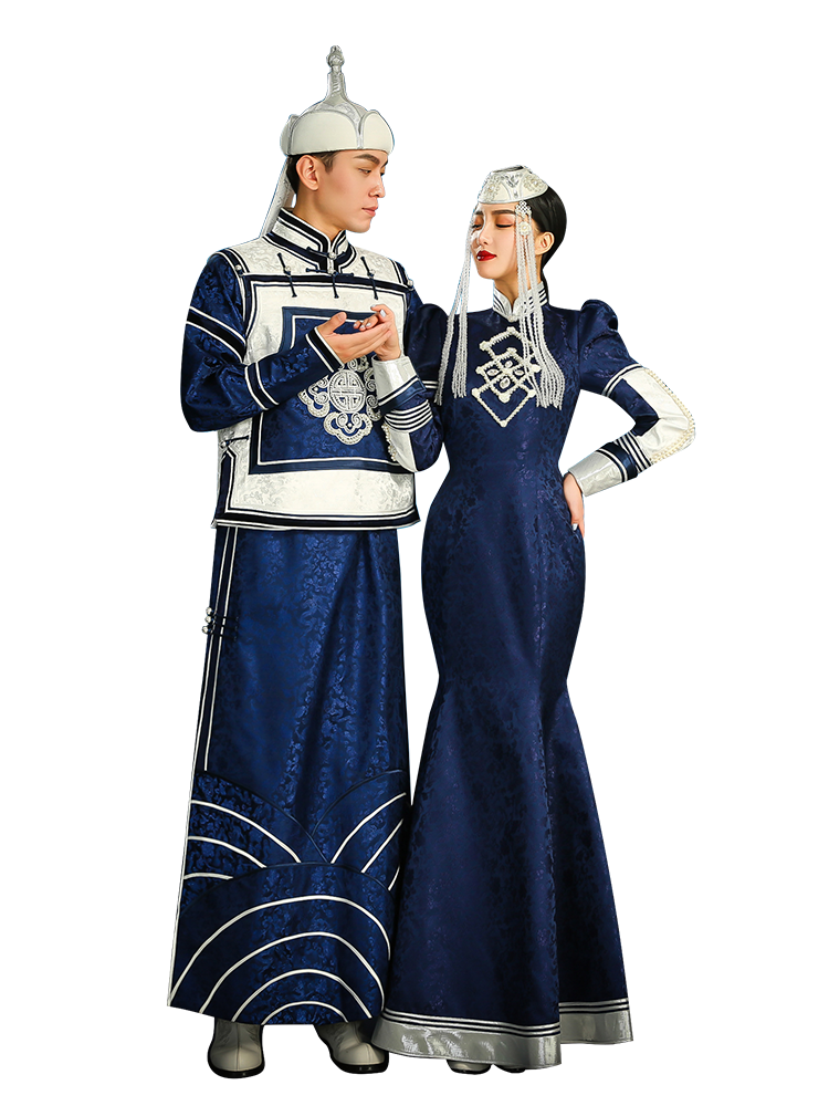  Navy blue mongolian style bride toast dress couple matching robe with fishtail skirt for wedding reception fabric detail