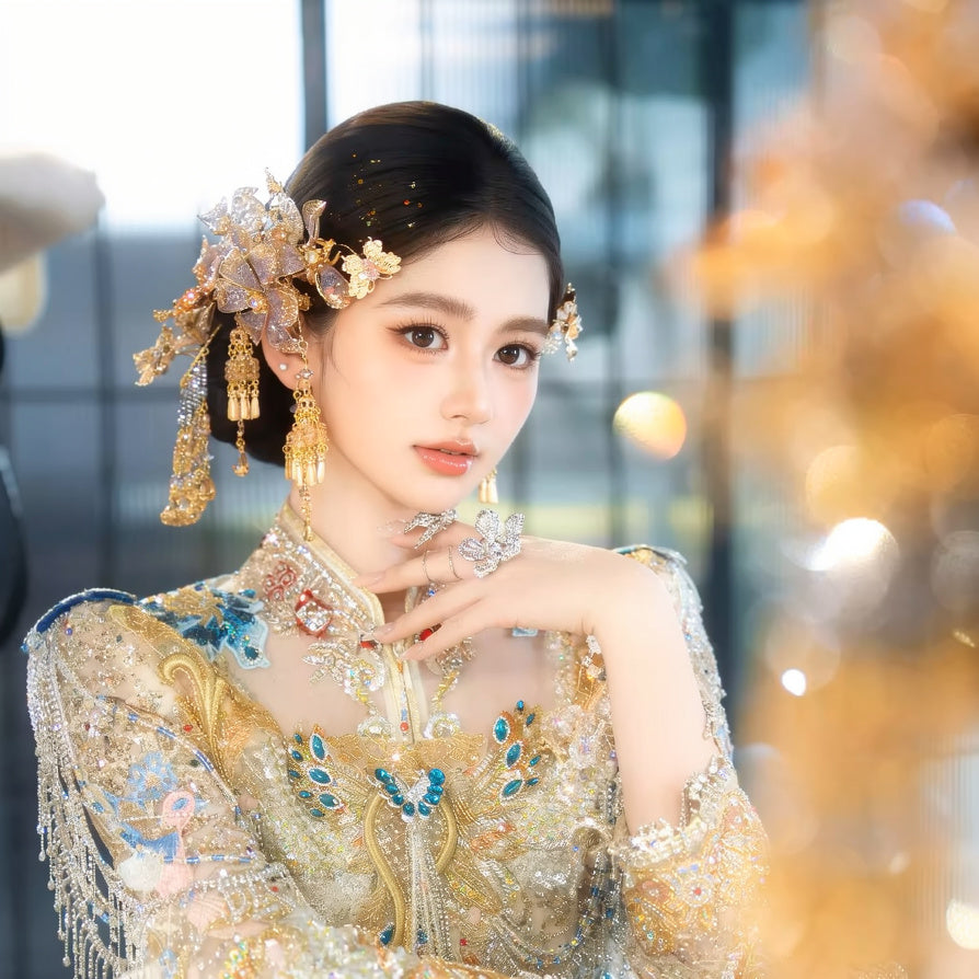  New chinese bridal xiuhe morning robe cheongsam light flower hair accessories set for bride front view