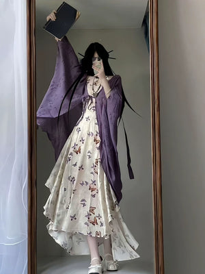  New chinese dream butterfly national style improved edition butterfly fairy waist cheongsam purple suspender dress women spring and summer front view

