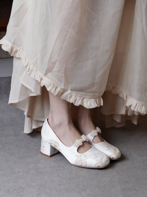 New chinese mary jane shoes dancing embroidery edge original pearl buckle thick heel women shoes for cheongsam skirt

