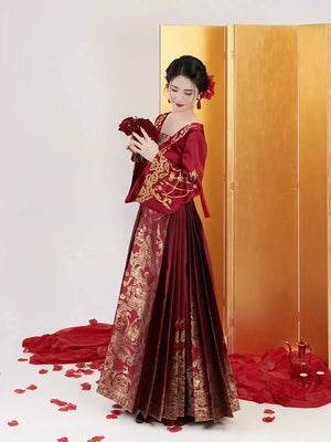 New chinese perfect harmony bridal hanfu mamian skirt wedding dress for engagement and reception for bride fabric and skirt detail