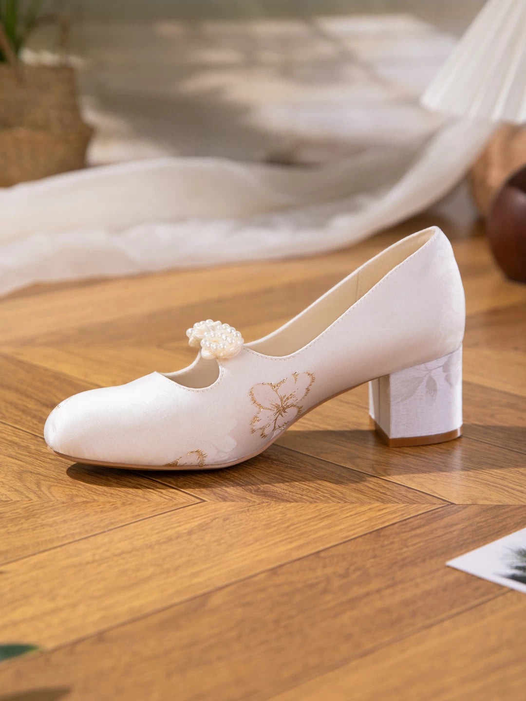 New chinese retro mary jane shoes pearl flower thick heel light mouth single shoes national style cheongsam footwear back view