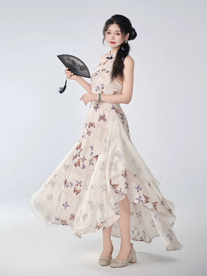 New chinese spring summer dream butterfly dress national style improved butterfly fairy waist cheongsam purple suspender gown fabric detail

