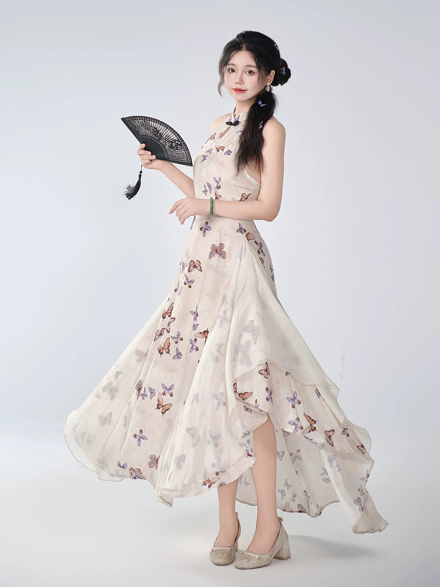 New chinese spring summer dream butterfly dress national style improved butterfly fairy waist cheongsam purple suspender gown fabric detail


