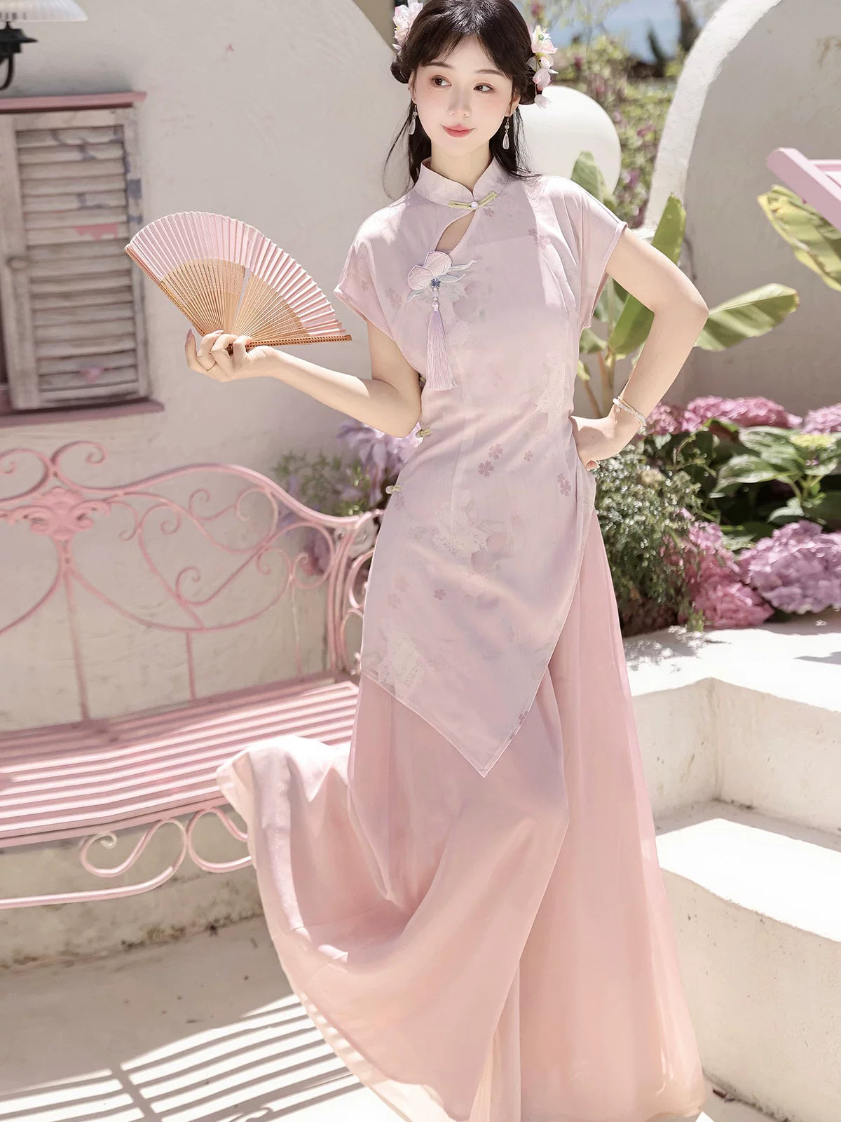  New chinese style improved cheongsam dress women summer retro pink wide leg pants two piece set for women front view