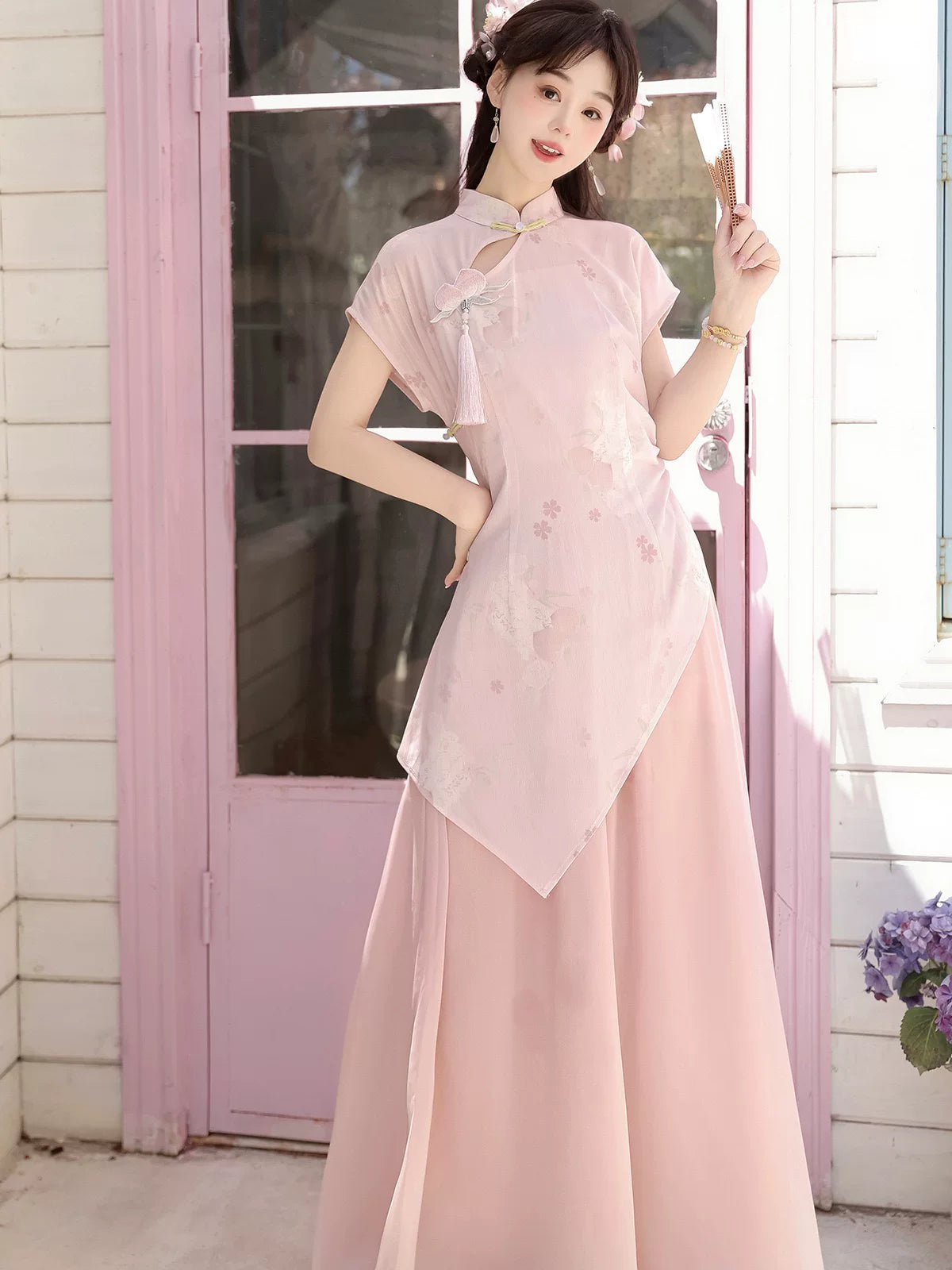 New chinese summer retro pink cheongsam improved dress with wide leg pants two piece set for women back view