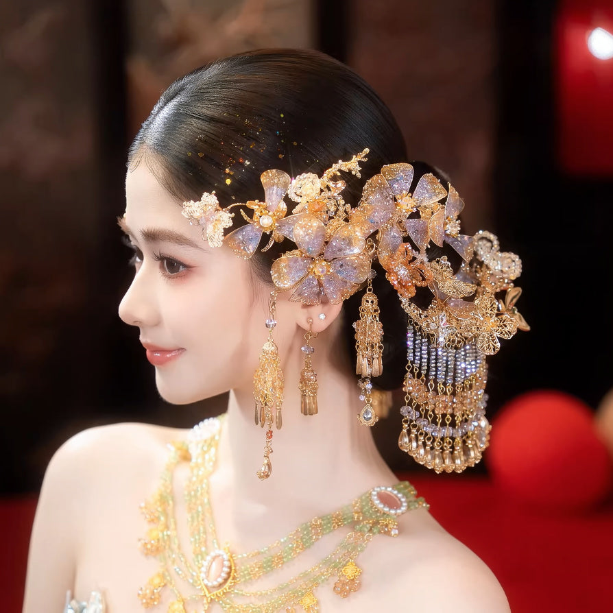 New chinese xiuhe morning robe and cheongsam light flower hair accessories set for wedding preparation back view
