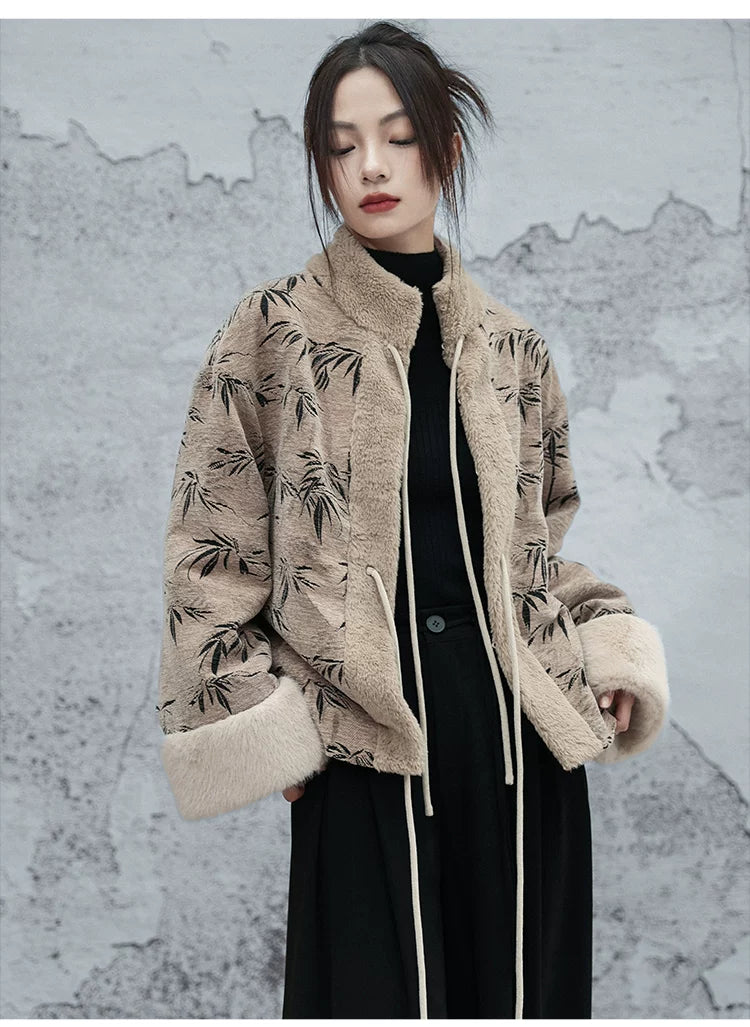 New winter yinqiu jacquard jacket women bamboo leaf pattern contrasting color plush cotton top standing