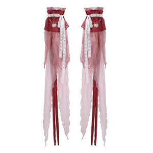 Pair of detachable sleeves for Red Hanfu Dress New Chinese Feather Rust Waist Seal Suspender Skirt with lace and ribbon trim.