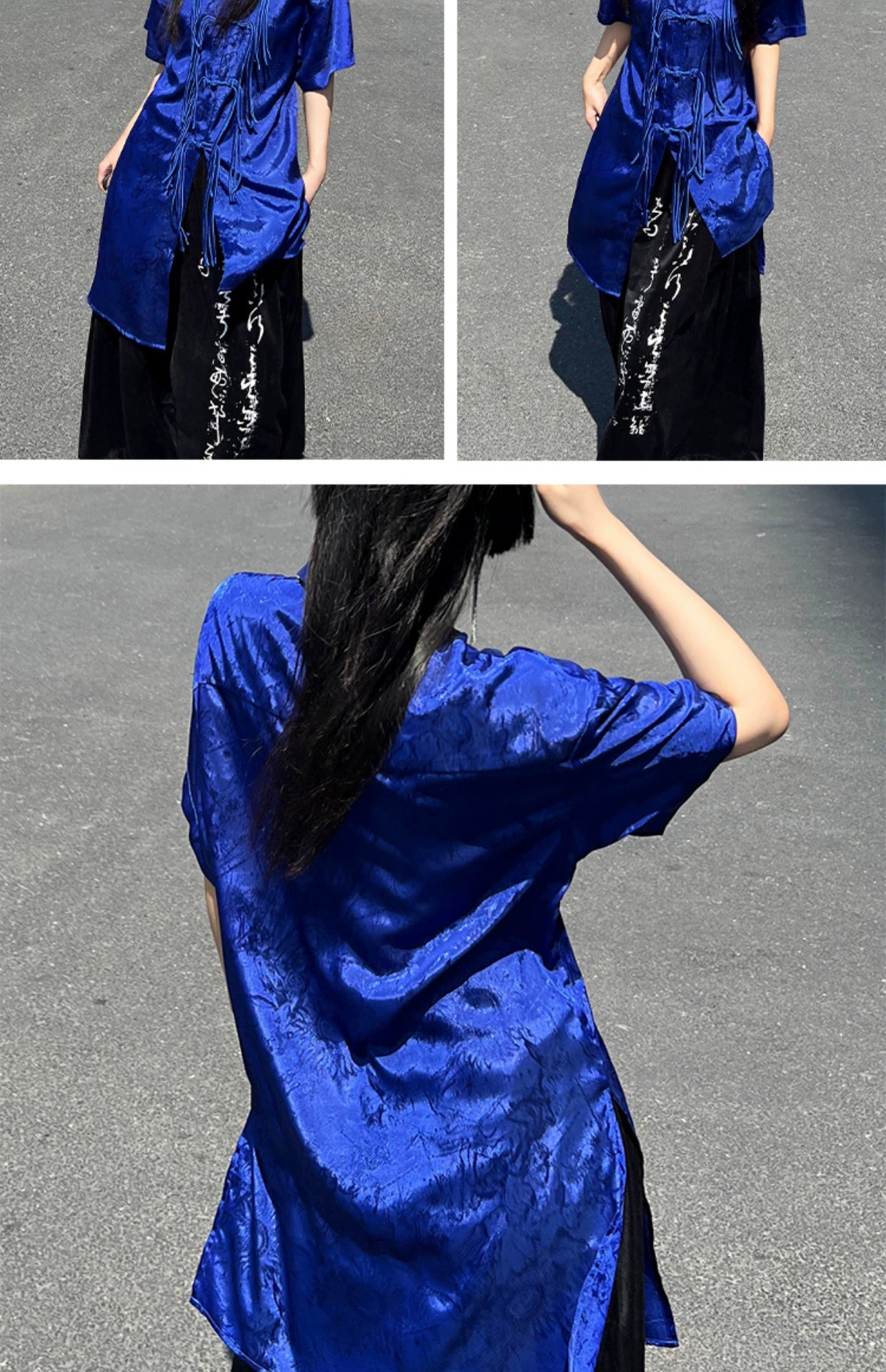 Elevate your style with our New Chinese Style Klein Blue Button-Down Shirt. This versatile piece exudes casual sophistication, perfect for any occasion. Inspired by traditional Hanfu craftsmanship, intricate embroidery adds a touch of elegance. Pair it with our black chiffon skirt for a stunning ensemble. Discover timeless style with our modern interpretation of classic elements.