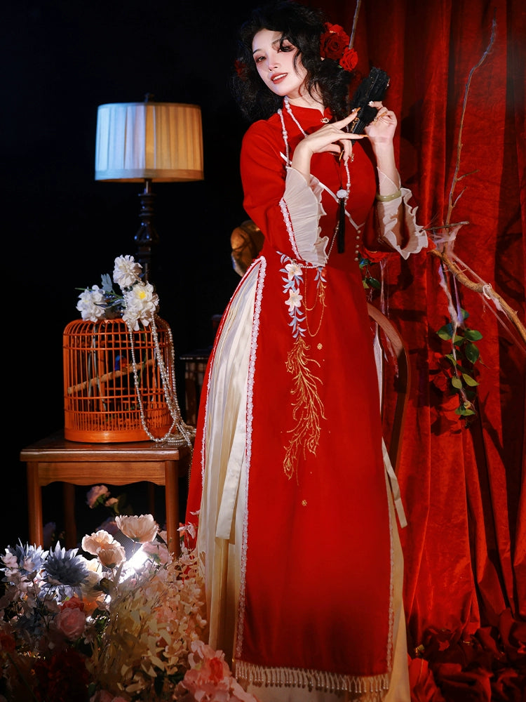 Red cheongsam dress with floral embroidery and cream pleated skirt, styled with a rose hairpiece for engagement or banquets.