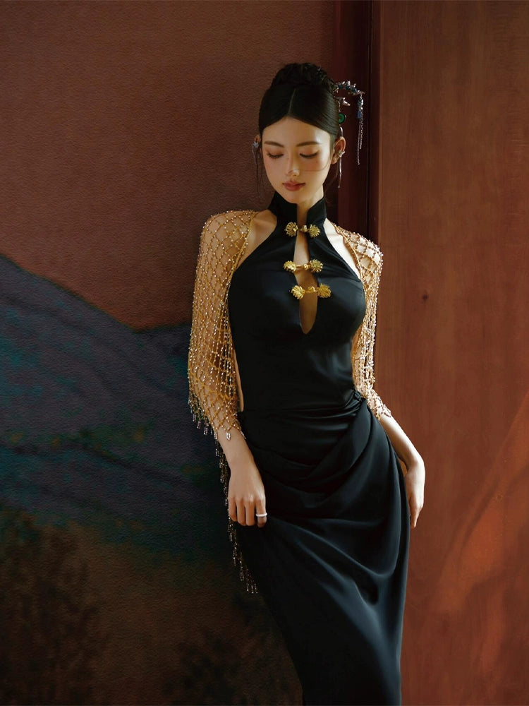 Retro black fishtail cheongsam dress with a gold beaded shawl, perfect for formal events and evening wear.