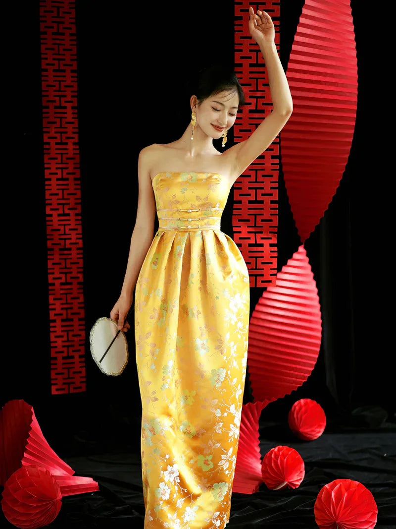 yellow jacquard dress Yunjing Yellow Cheongsam Dress - Yellow Jacquard Maternity