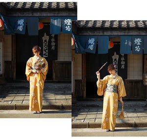 Two images of a woman in an orange floral kimono yukata holding a fan, standing in front of a traditional Japanese building with blue banners.