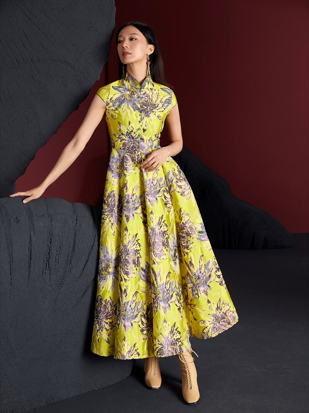 Yellow Dyed Bamboo Cheongsam Dress | New Chinese Brocade Swing Dress