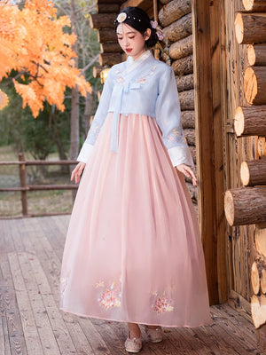 Beautifully designed traditional Korean hanbok in blue and pink, showcasing elegant embroidery and a classic silhouette.