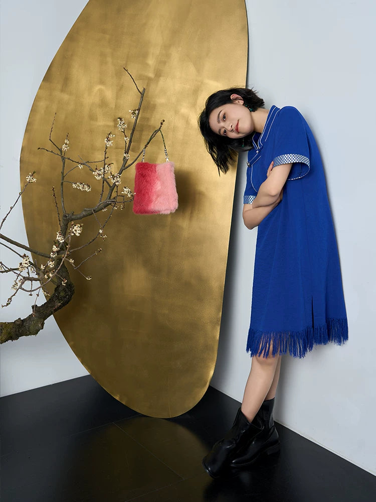 Songfeng Improved Tibetan Style Fringed Long Dress | Blue Short Sleeve