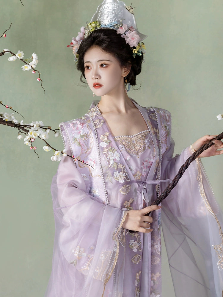 Close-up of Purple Hanfu women's Song Dynasty embroidered big-sleeved shirt showcasing ornate floral stitching and sheer sleeves.
