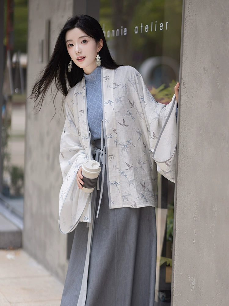White Dew: Bamboo Shadows & Swallow Whispers – Jin-Style Hanfu Set | Tencel Pleated Robe with Rayon Camisole and Flowing Skirt
