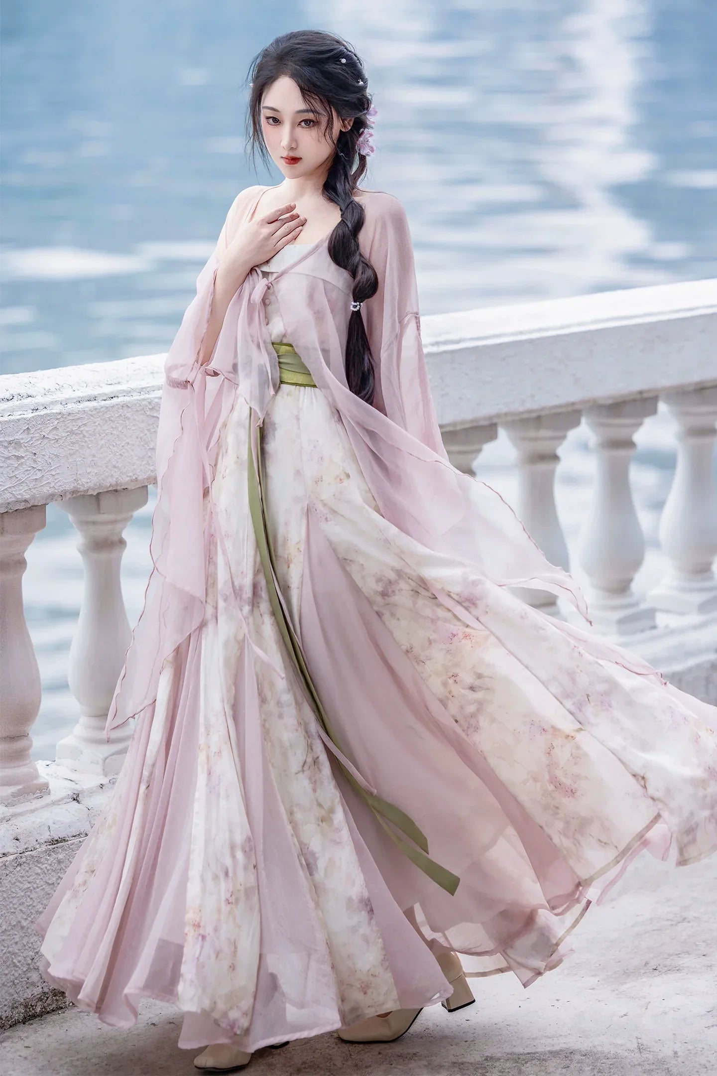 Pink Chinese style Han element dress big pendulum fish tail tattered three-piece set / M Pink Chinese style Han element dress big pendulum fish tail tattered three-piece set / M