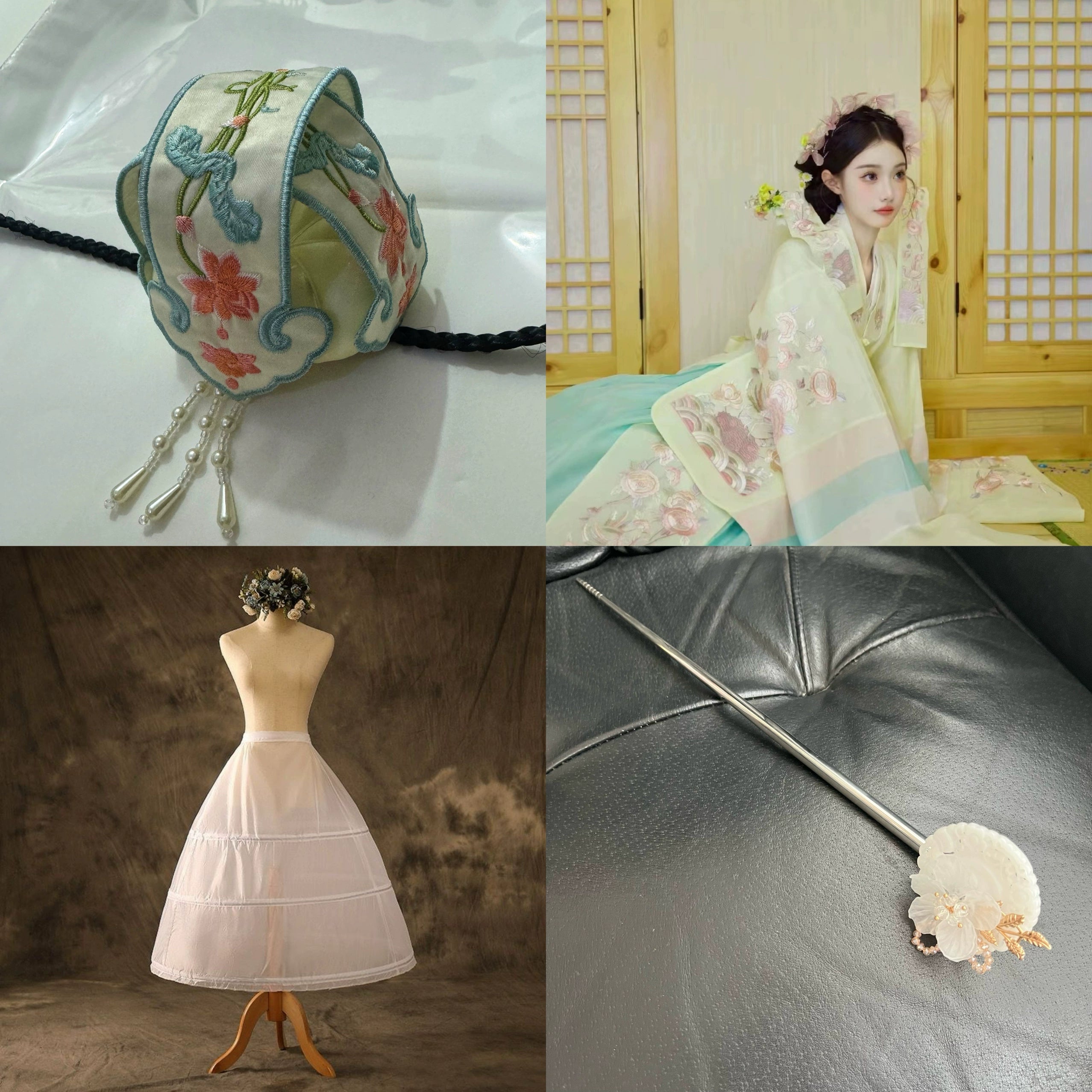 Muzhi Korean wedding accessories set featuring an embroidered headpiece, silver hairpin, and a white petticoat, perfect for a traditional bridal look.