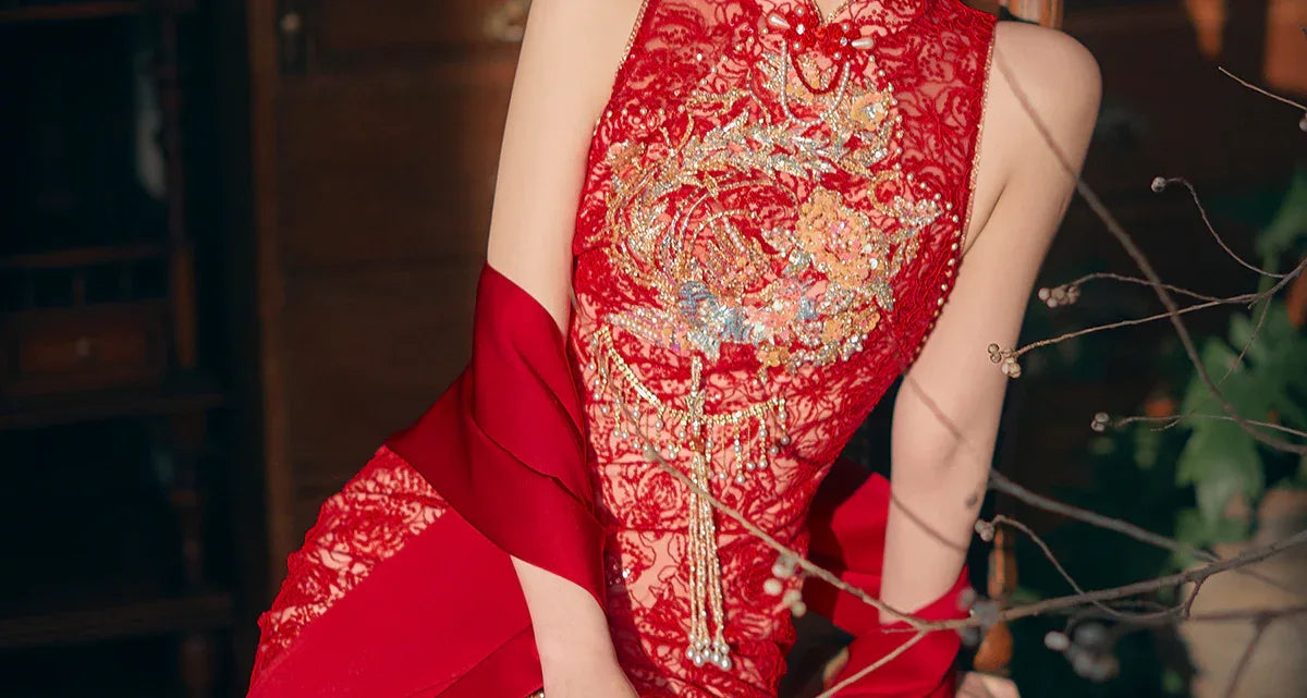 Beloved Dream – New Chinese Red Bridal Qipao/Cheongsam Dress for Enga Shawl average size, single piece. / S Beloved Dream – New Chinese Red Bridal Qipao/Cheongsam Dress for Enga Shawl average size, single piece. / S