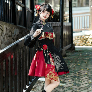 Stylish Lolita cheongsam suspender skirt set with intricate embroidery, gold accents, and a fusion of traditional Chinese and modern fashion elements.