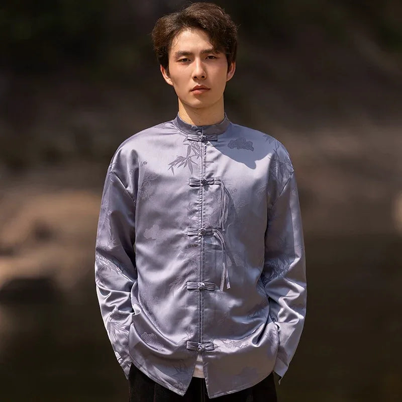Bamboo leaf print disc buckle Tang suit men's retro Chinese style shirt - Yandan_Hanfu