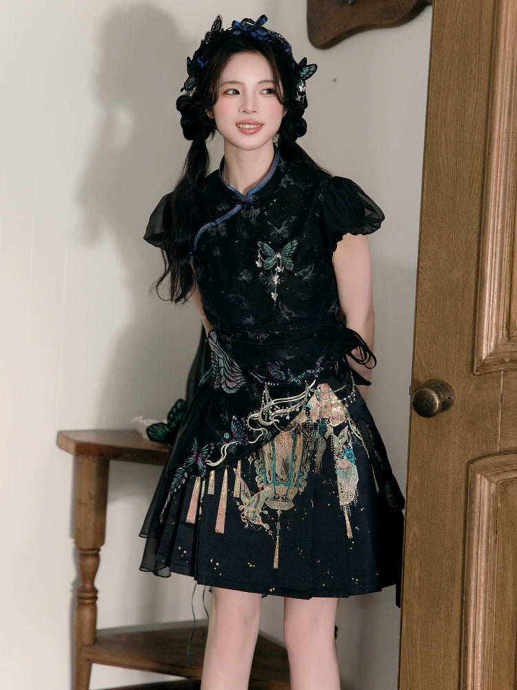 [Butterfly under the lamp] Spring new Chinese short-sleeved shorts horse dress short Hanfu suit women