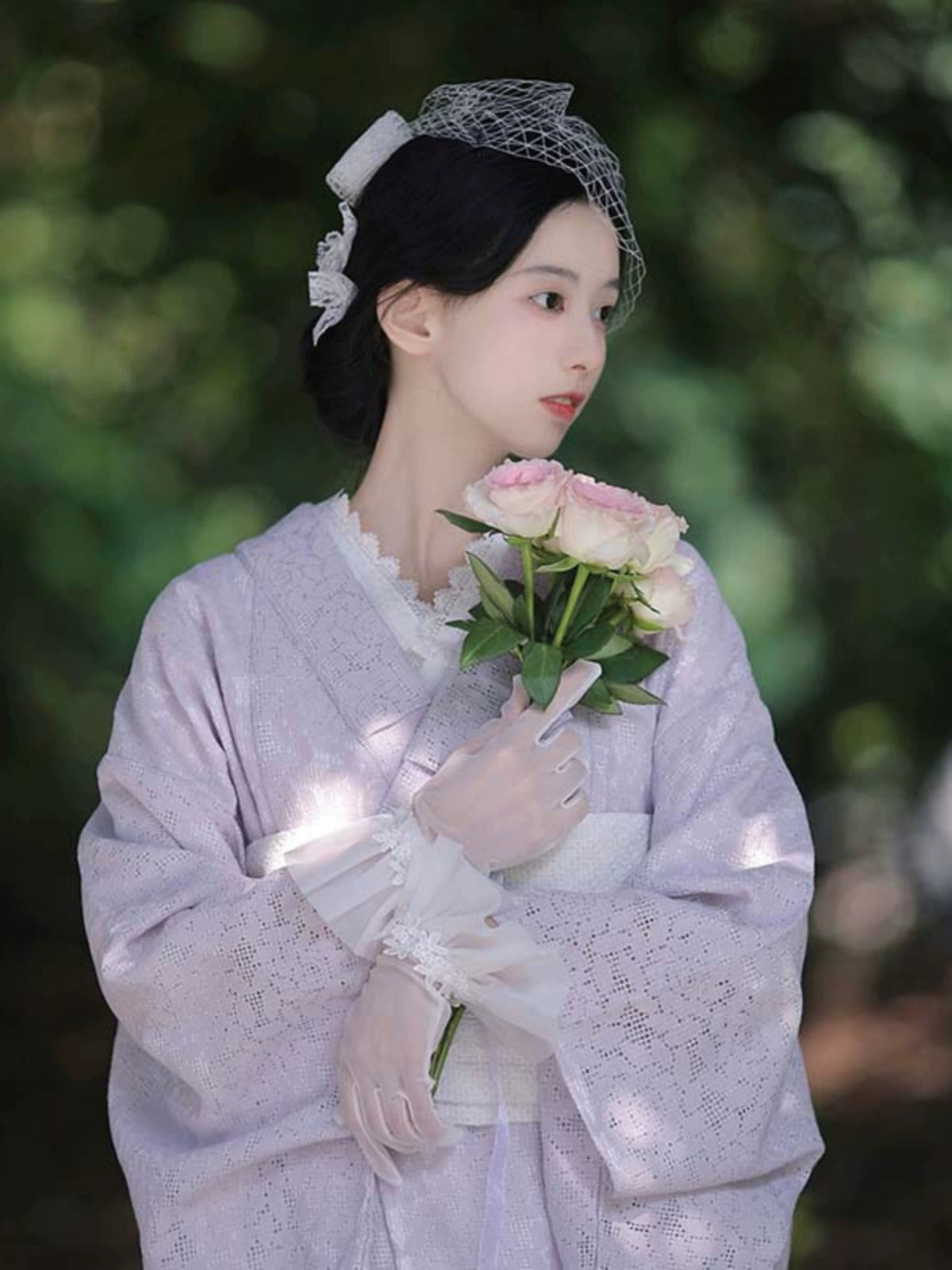 Side profile of a purple lace Taisho Romance kimono with roses.