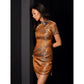 Stylish brown brocade cheongsam featuring a modern slim-fit cut.