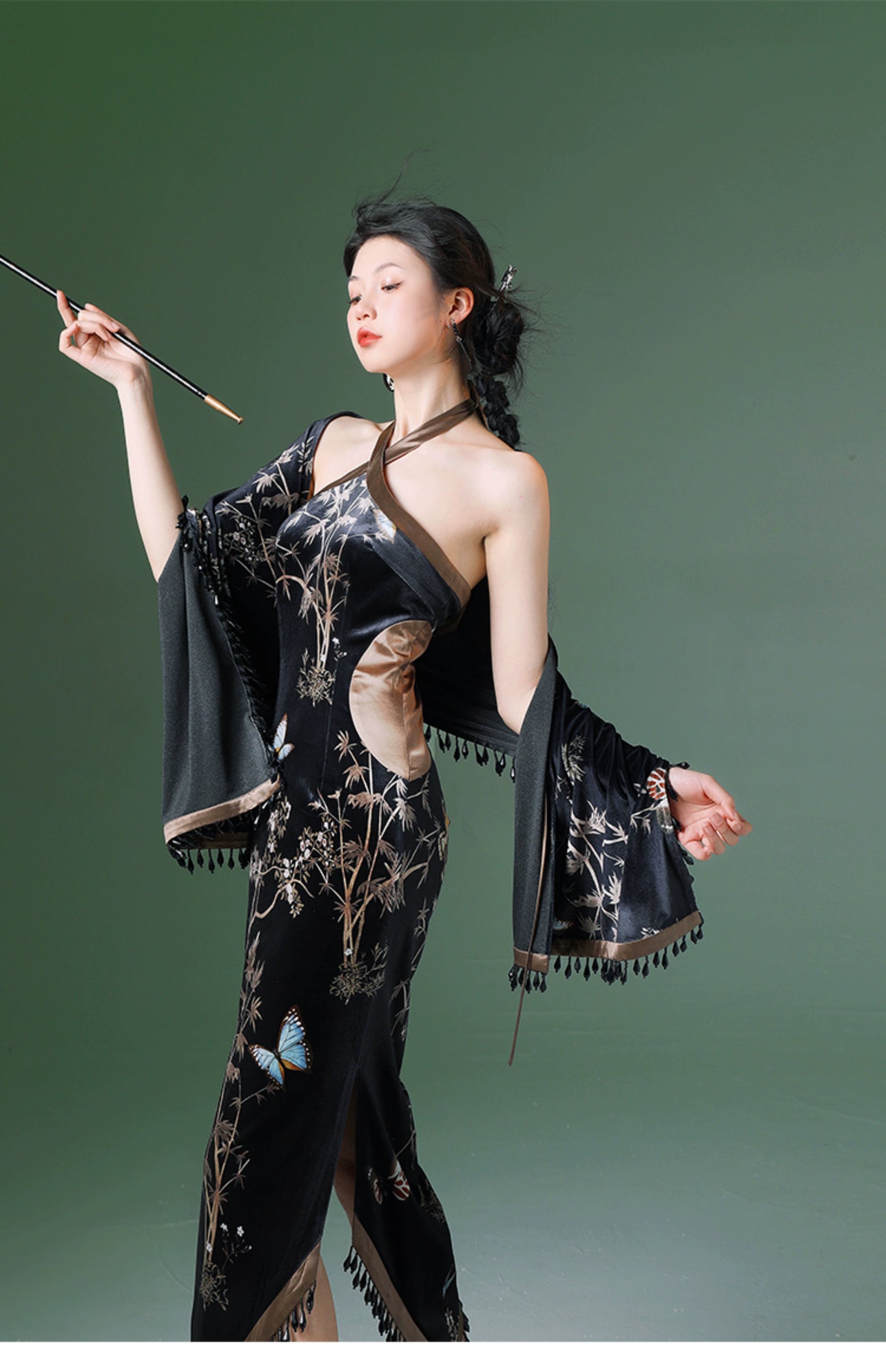 Incense two-piece set | Chinese summer thin velvet neck coat summer Cheongsam Dress