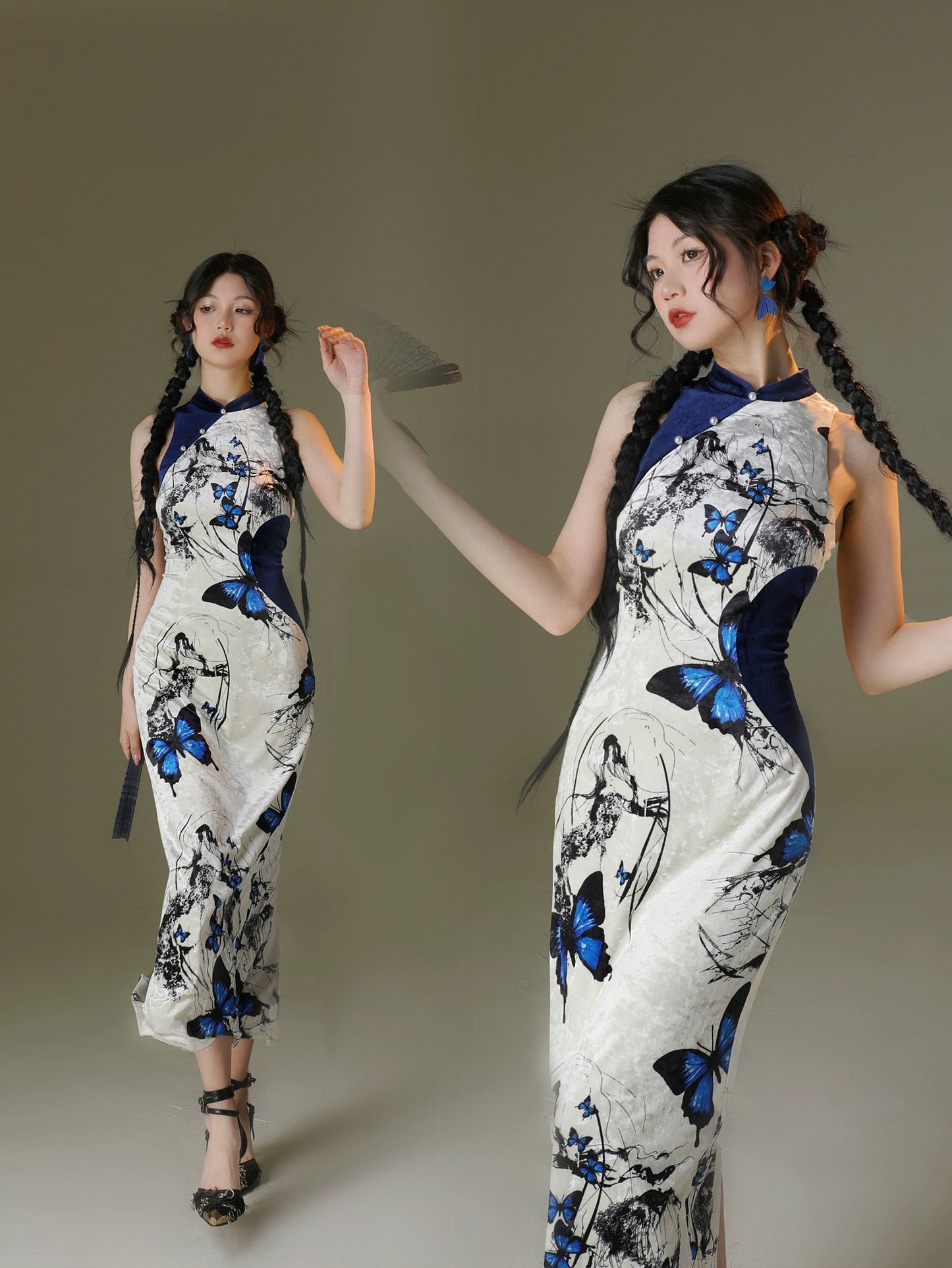 Velvet butterfly printing elastic cheongsam