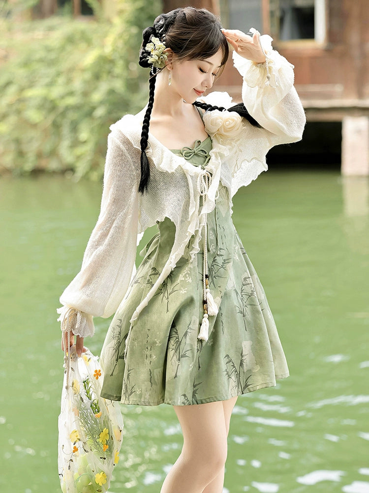 【Whisper of Bamboo】 Sweet Hanfu-Inspired Dress – Modern Chinese Style with Camisole Design