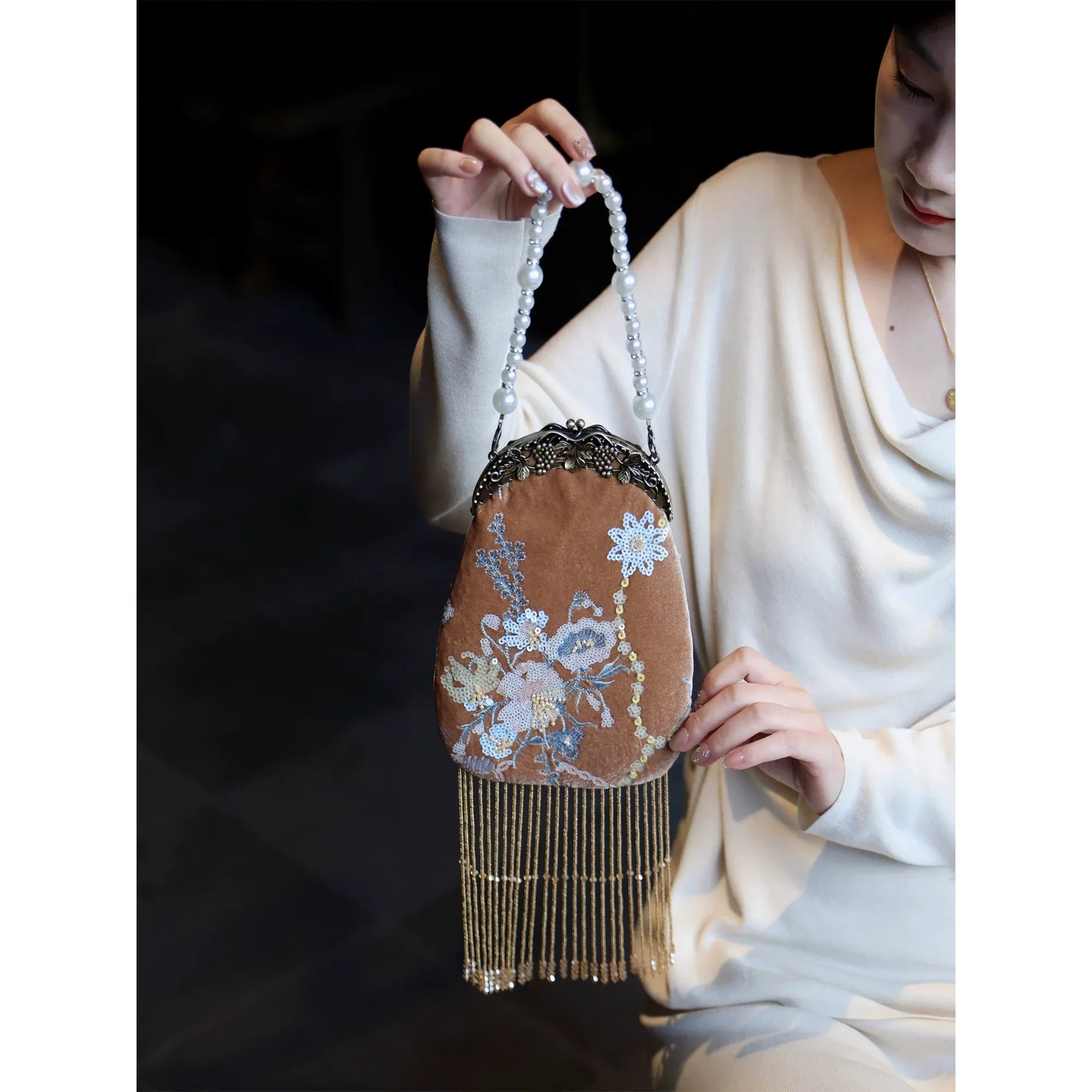 Brown Velvet Evening Clutch | Hand-Embroidered with Elegant Fringe Qipao Bag - Yandan_Hanfu