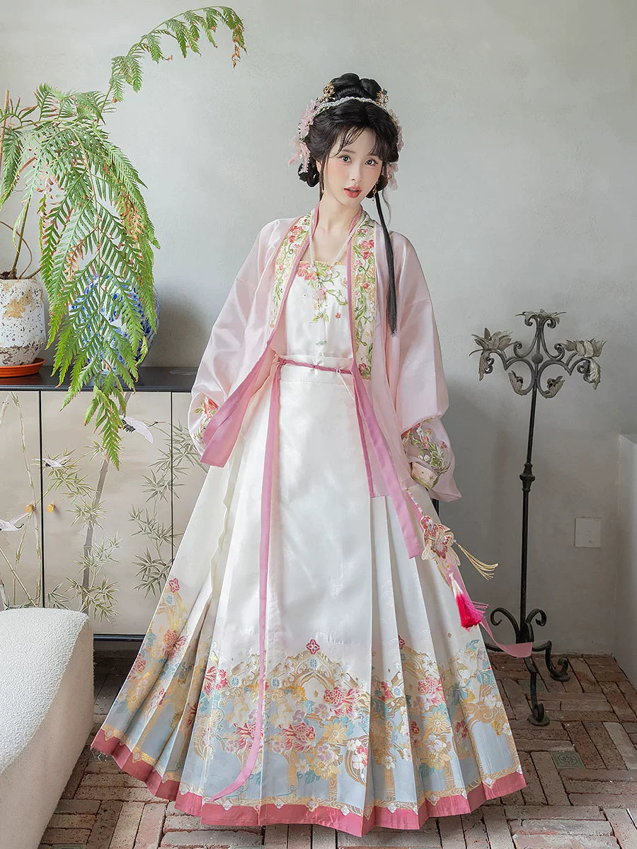 Bogu Peach Blossom pink Hanfu set with floral trim and koi ornament