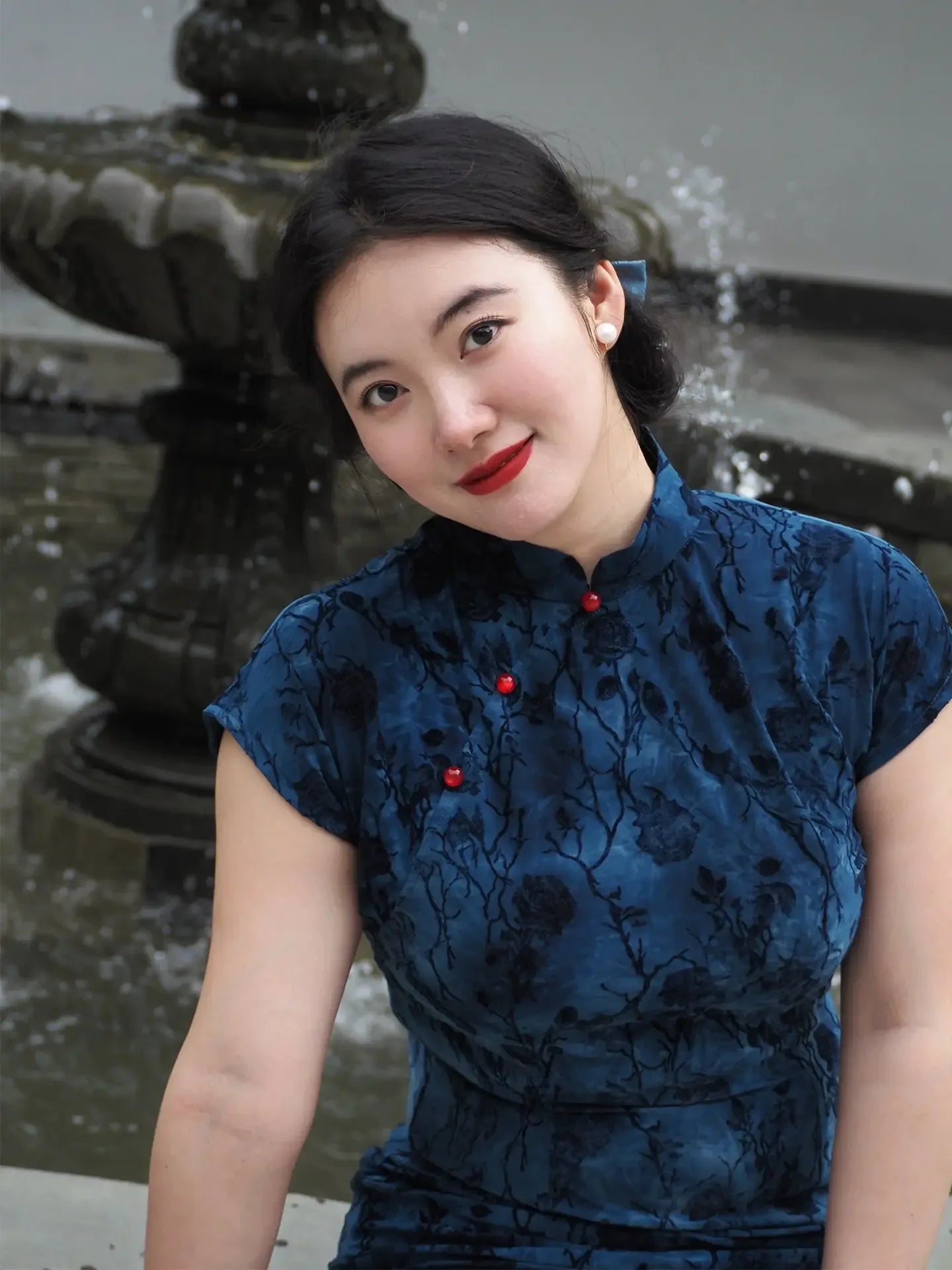 blue qipao dress Navy Blue Black Lace Modern Qipao / Cheongsam Prom Dress