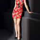 Full-length view of red cheongsam dress with dragon print and side slit.