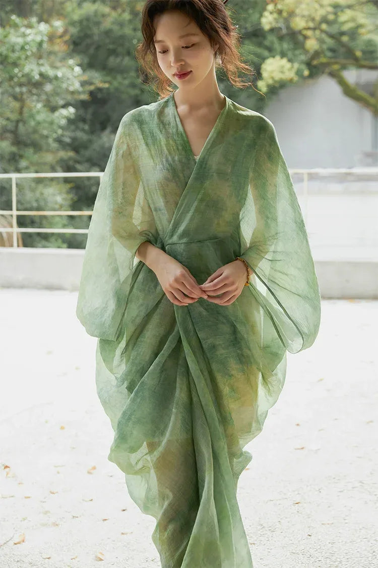 100% Ramie Modern Chinese Dress Green Tie-Dye Print with Loose Silh Green plum / S 100% Ramie Modern Chinese Dress Green Tie-Dye Print with Loose Silh Green plum / S