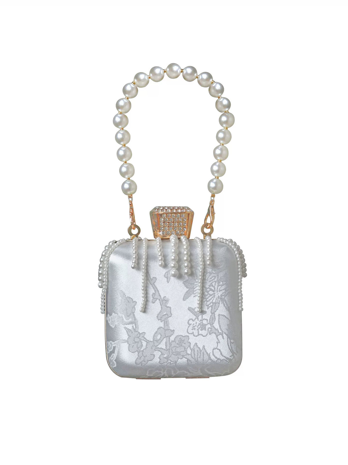 White satin handbag displayed separately on a white background