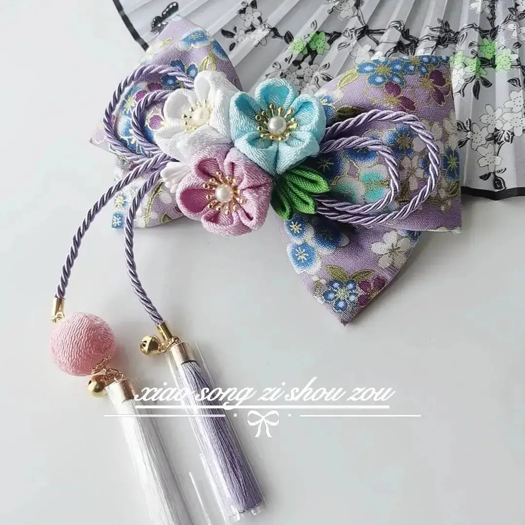 Japanese girl kimono cherry blossom hair accessories lolita orange burgundy fine work bow edge clip hairpin - Yandan_Hanfu