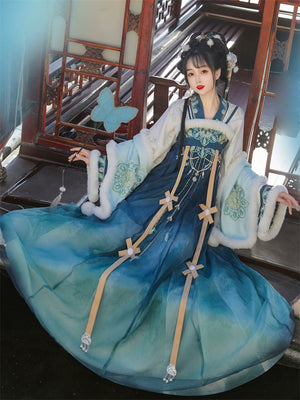 Discover our enchanting blue Hanfu for women, embodying Tang Dynasty's fairy elegance with Han elements. Perfect for daily wear in autumn and winter, our collection includes beautifully crafted shawls and cloaks that evoke a sense of historical charm