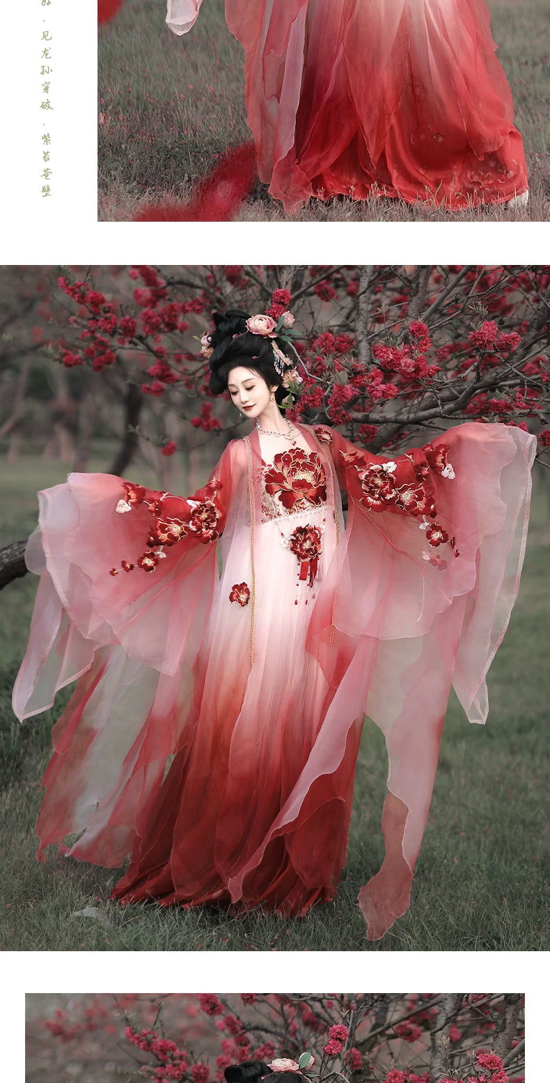 Pink Floral Large-Sleeve Hanfu Set | Embroidered Peony Gradient Robe ...