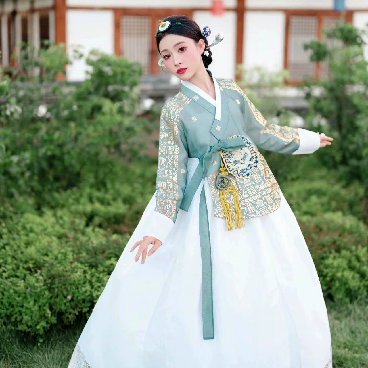 Stylish Korea Princess Palace Hanbok in a serene garden setting.