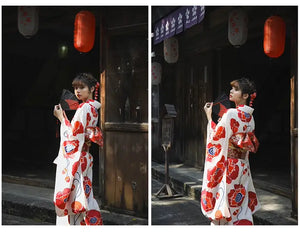 Two views of a woman in a white and red floral Japanese kimono dress, styled with traditional accessories in a cultural setting.